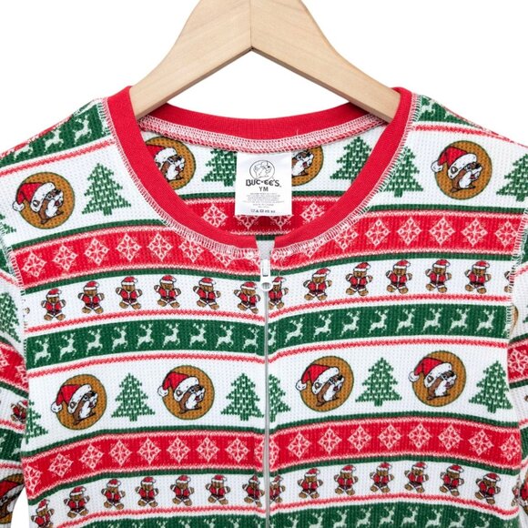 Buc-ees Christmas Pajamas Kids Red White Green Striped Waffle Knit 1 Piece Sz M - Picture 5 of 12